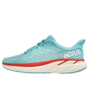 Hoka Clifton 8 Aqua and Red Sneakers